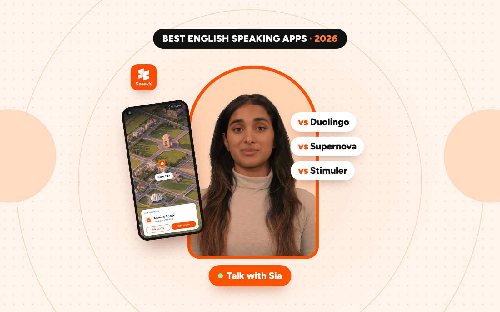 Best English speaking apps in India 2026: SpeakX compared with Duolingo, Supernova and Stimuler, featuring Sia, the SpeakX AI English tutor