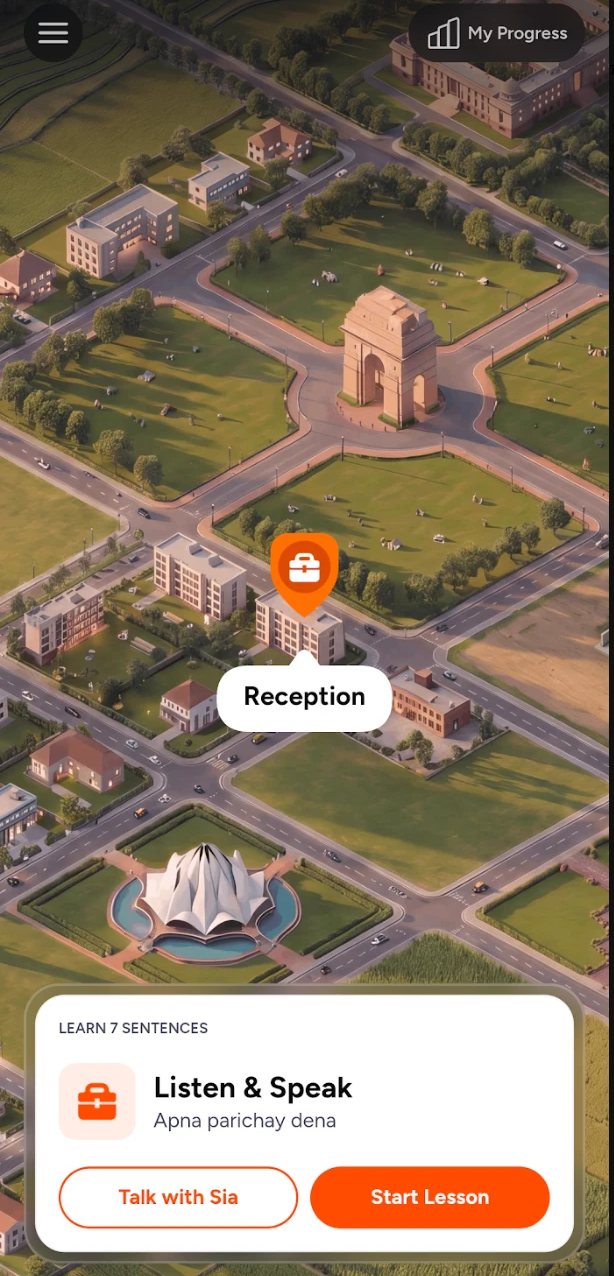 SpeakX spoken English app lesson map set in an Indian city, showing the Apna parichay dena self-introduction lesson
