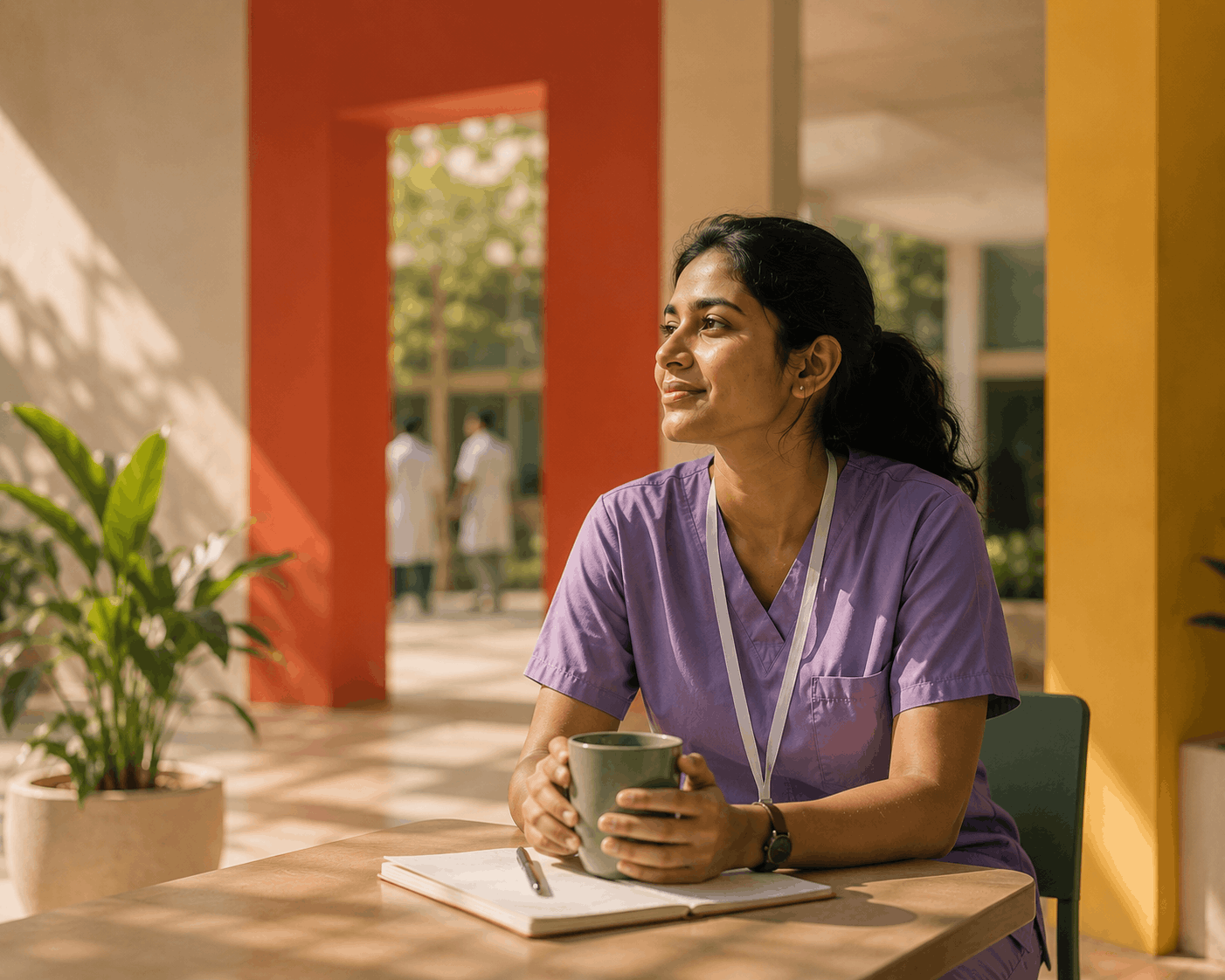 A nurse in purple scrubs at a hospital cafe table, notebook open, looking out at the courtyard